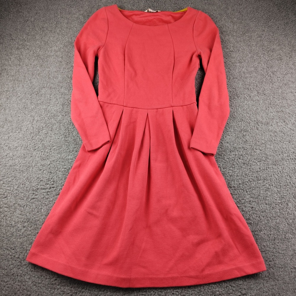 Boden Cotton Dress Sz 6R Pink Textured Pleated Long Sleeve